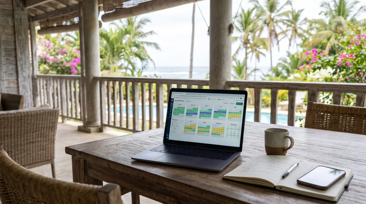 Laptop showing a vacation rental booking calendar on a veranda table, with palm trees and a pool beyond