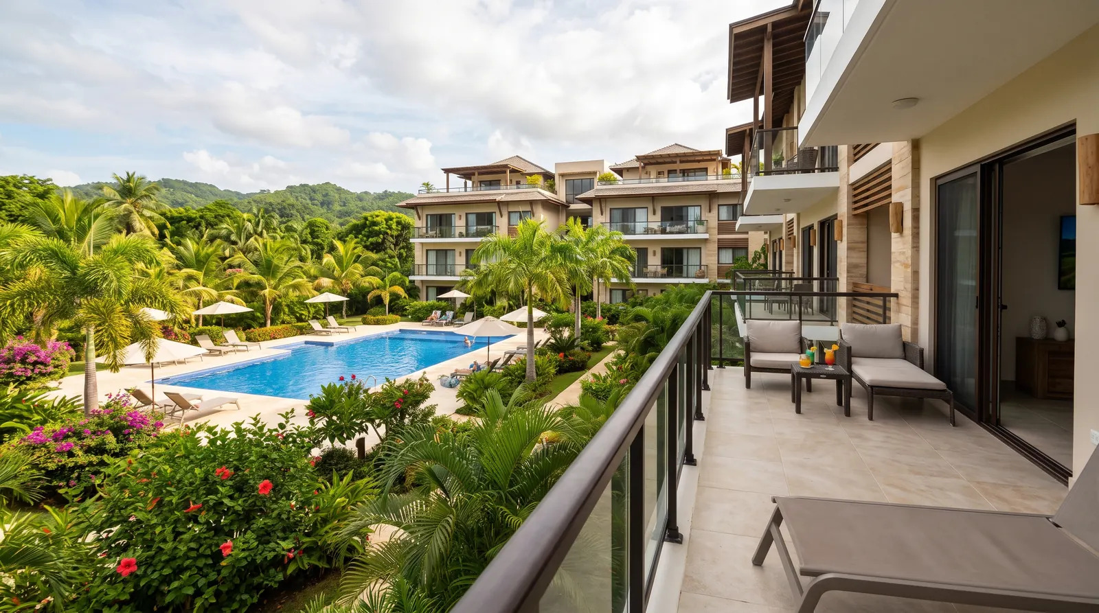 View from an apartment terrace over a condominium's shared pool and tropical gardens, with low-rise apartment buildings and green hills beyond